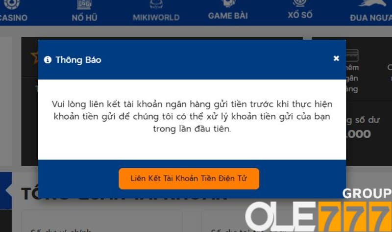 Cần liên kết thẻ ngân hàng để nạp tiền vào tài khoản