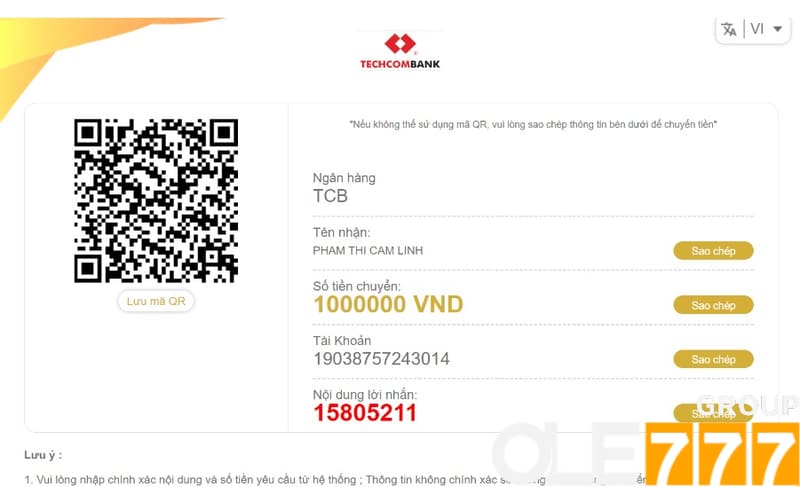 Quét mã QR để nạp tiền vào tài khoản OLE777