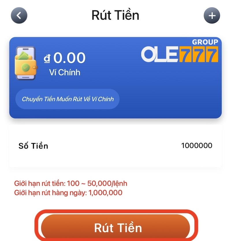 Hoàn thành lệnh rút tiền trên Ole777