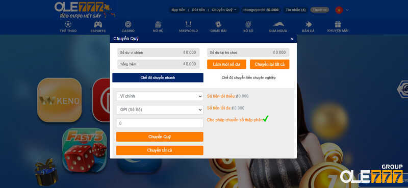 Chuyển tiền vào ví phụ của sảnh GPI để cá cược